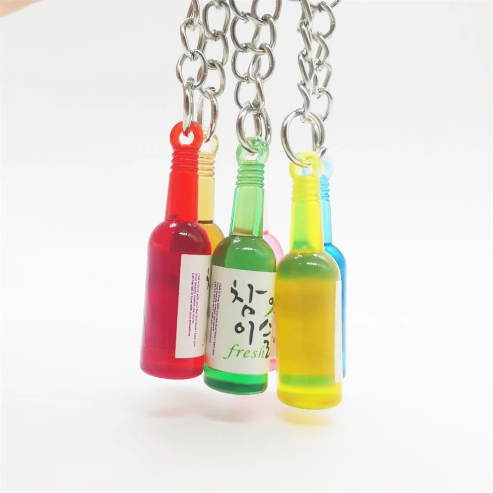 INS Soju Korean Beer Bottle Keychains Colorful Wine Bottle Pendants Keyring for Men Women Earphones Case Car Key Accessories