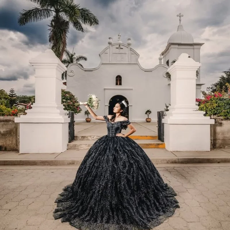 Vestidos De quinceañera negros brillantes personalizados con hombros descubiertos, calcomanía De lentejuelas, Vestido De cola larga De encaje, 15 quinceañera