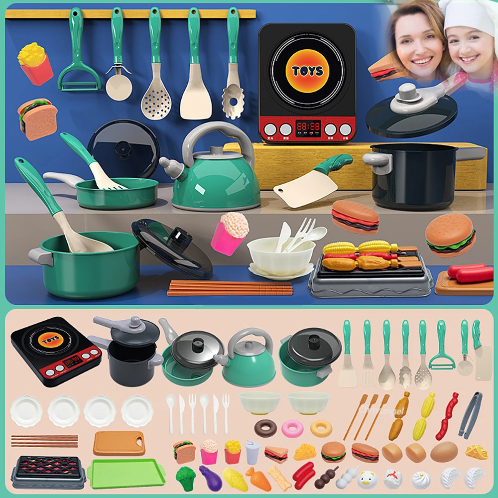 Juego de accesorios de cocina para niños, juego de ollas, sartenes, comida de imitación, 59/69 piezas