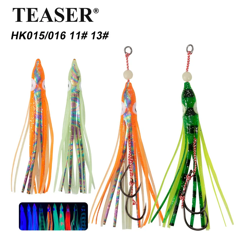 TEASER HK015 10pcs High Carbon Steel Hook Double Assist Snapper Silicon Squid Skirts Metal Jig Head Slow Pitch Jig Fishing Hook