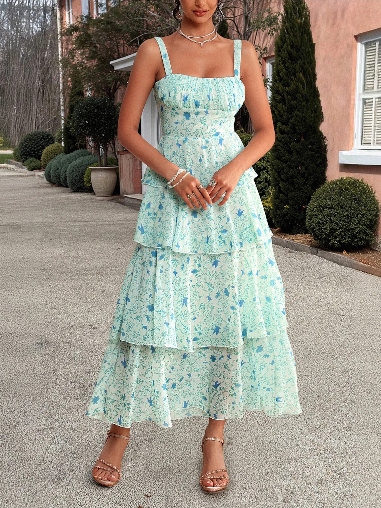 Feminino elegante floral suspender bolo vestido temperamento viajando roupas femininas verão moda feminina cintura alta vestidos de linha a