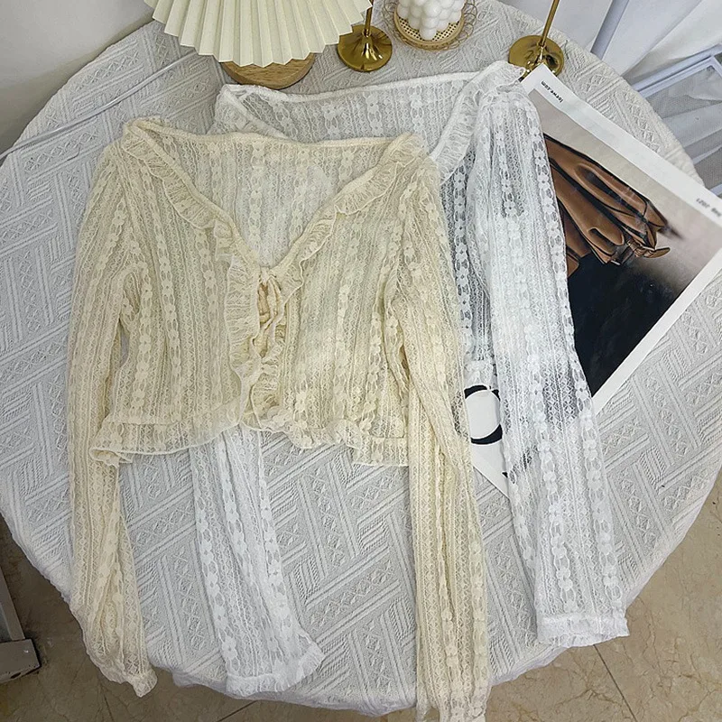 Short Sweet Lace Cardigan Sunscreen-proof Clothing Chic Strap Design Summer Breathable Thin Short Cutout Solid Color Cardigans