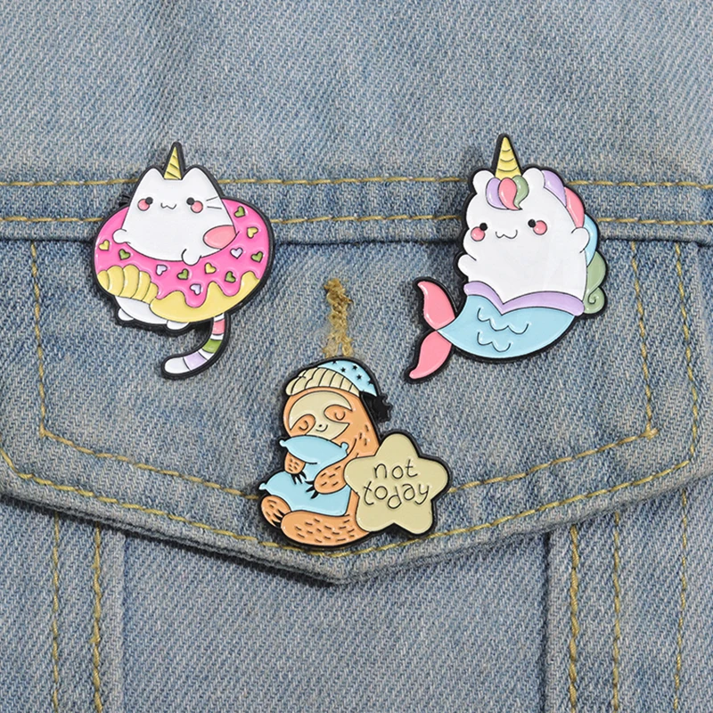 Mermaid Cat Sloth Pines Lapel Badges Cartoon Animal Jewelry Gift for Kids Friends Cute Animals Enamel  Brooch Custom Fun