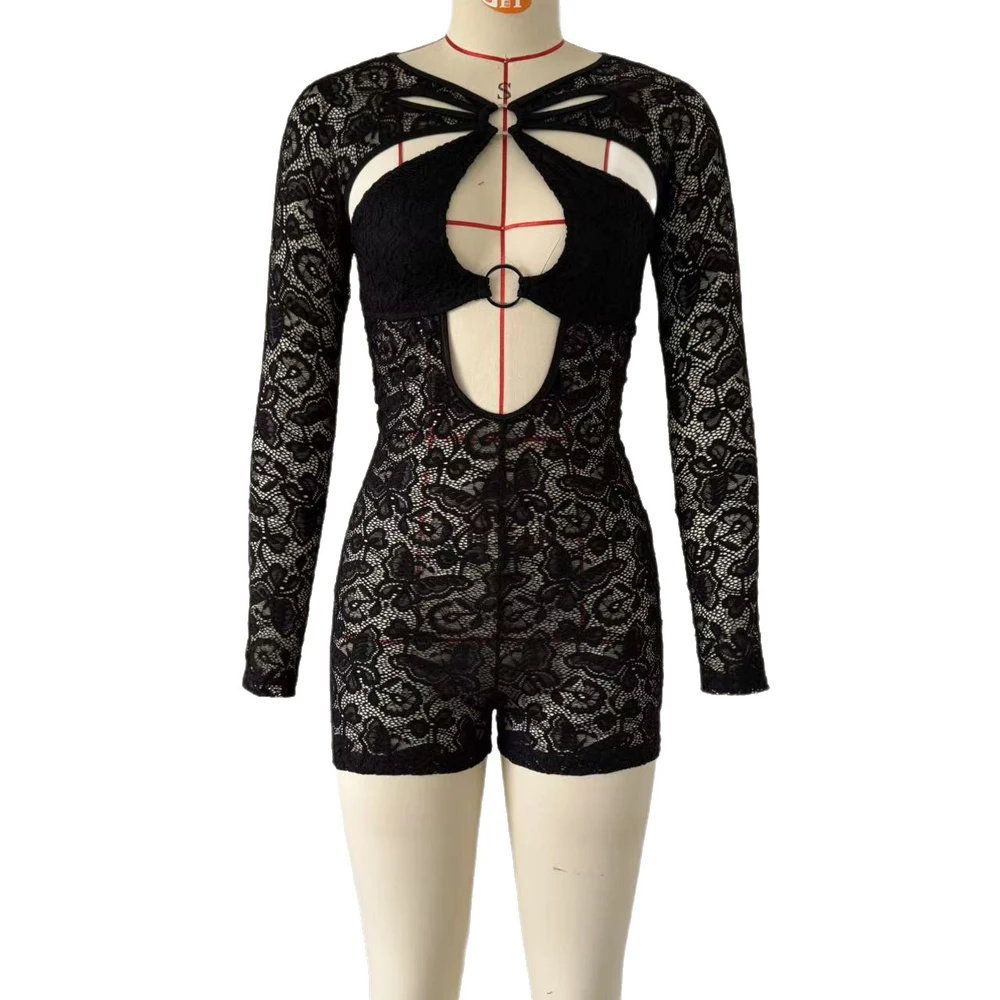 Sexy Spitzen-Cutout Langarm-Romper für Damen mit Hohlen Metallringen, Transparenter Bodycon-Kurz-Jumpsuit für Nachtclub-Party-Lingerie-Outfit – Detail 8