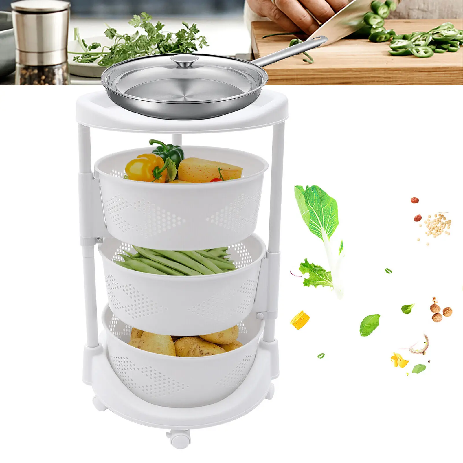 3-Tier Kitchen Storage Cart Rotating Basket Rack Vegetable Fruit Holder Shelves with Lockable Wheels Organizer White