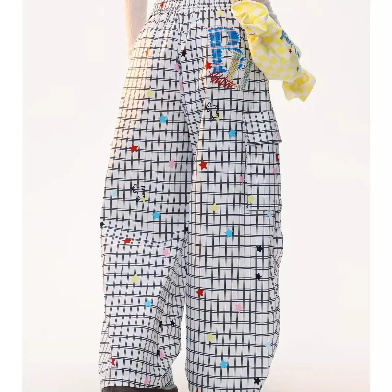 American Retro Plaid Multi-Pocket Women's Casual Pants Spring High-Waisted Colorful Star Versatile Floor-Length Trousers Ladies