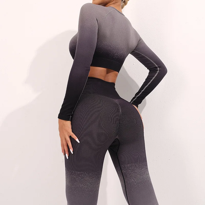 Seamless Gradient Yoga Sets Sports Fitness High Waist Hip Raise Shorts Beauty Back Vest Suits Workout Gym Leggings Set for Women