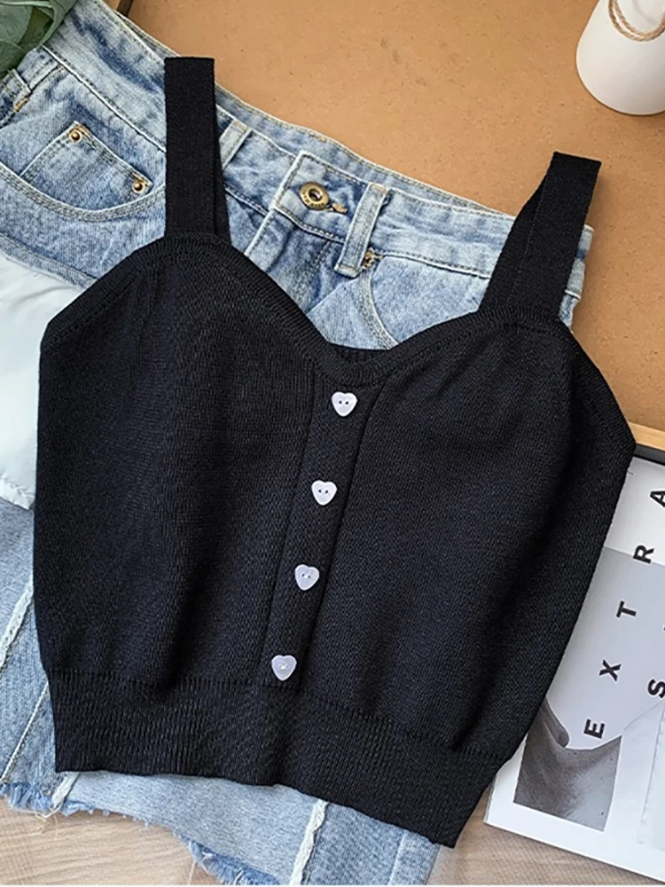 2023 Summer Plain Tops Women Button Up Crop Tops Cute Knitted Soft Beach Cute Tank Tops Soft Stretchy Crop Tops For Women