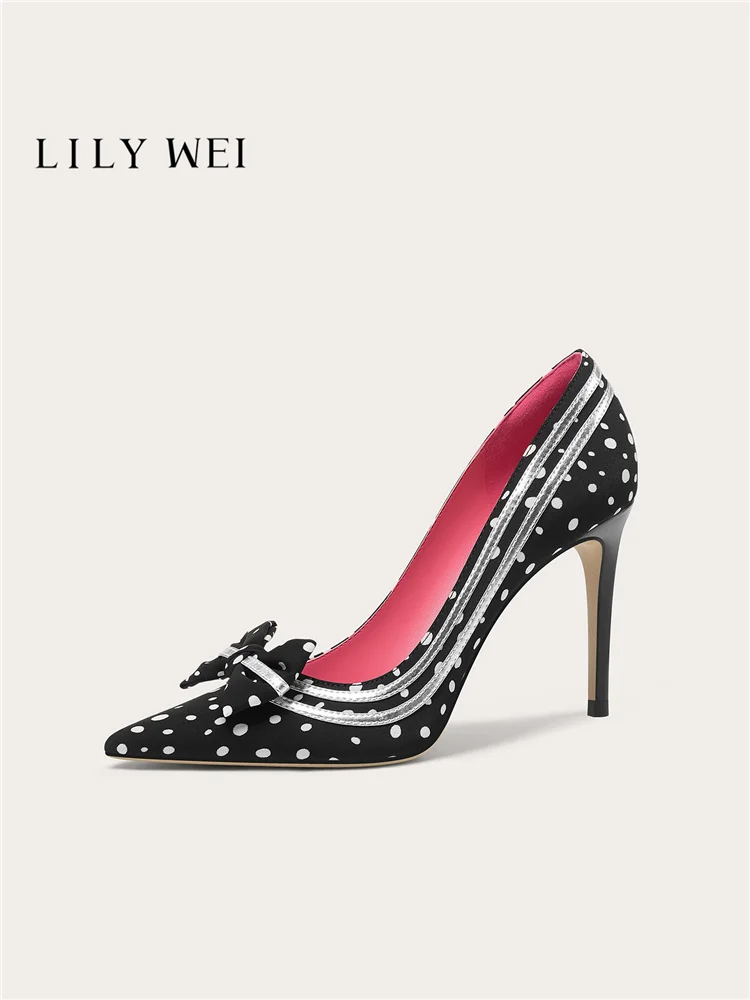Autumn new pointed shallow mouth polka dot silk bow single shoes banquet large size small size widened high heels women's shoes