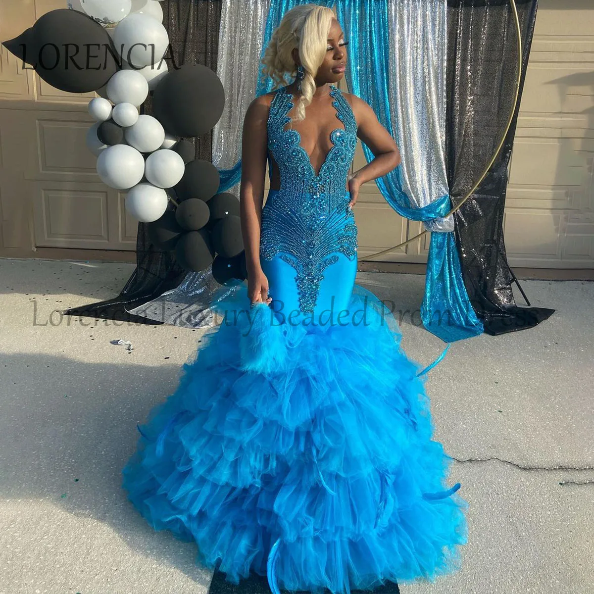 

Long Crystal Mermaid Prom Dresses For Black Girls Layered Sleeveless Ruffle Evening Party Gowns Formal Diamond robes de soirée