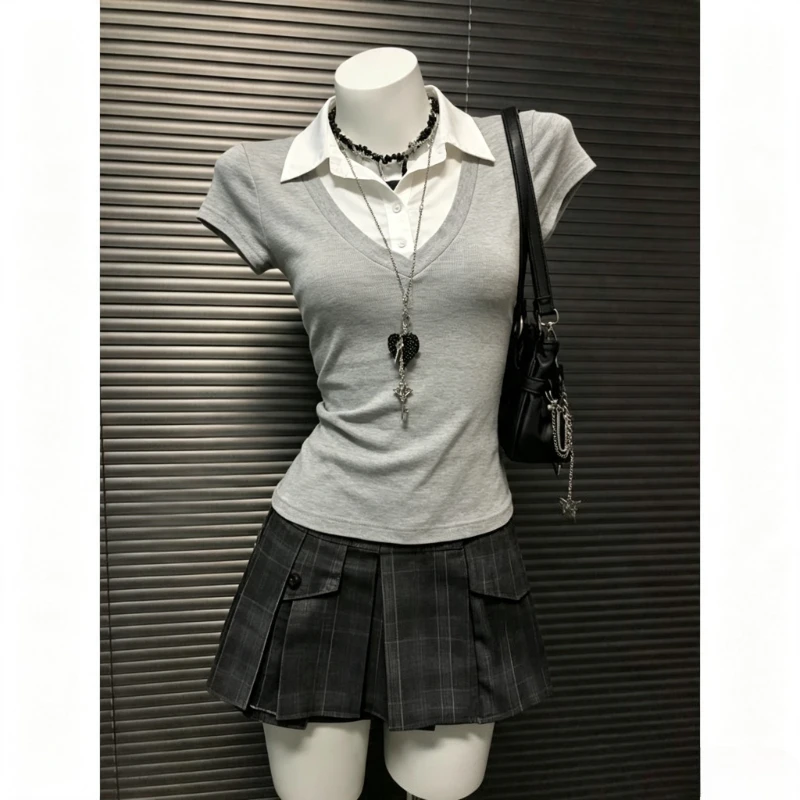 Y2K Daily Summer Hot Girl 2Pcs Suit Women Retro Plaid Short Sleeve Blouse High Waist Pleated Skirt Harajuku Streetwear 2026