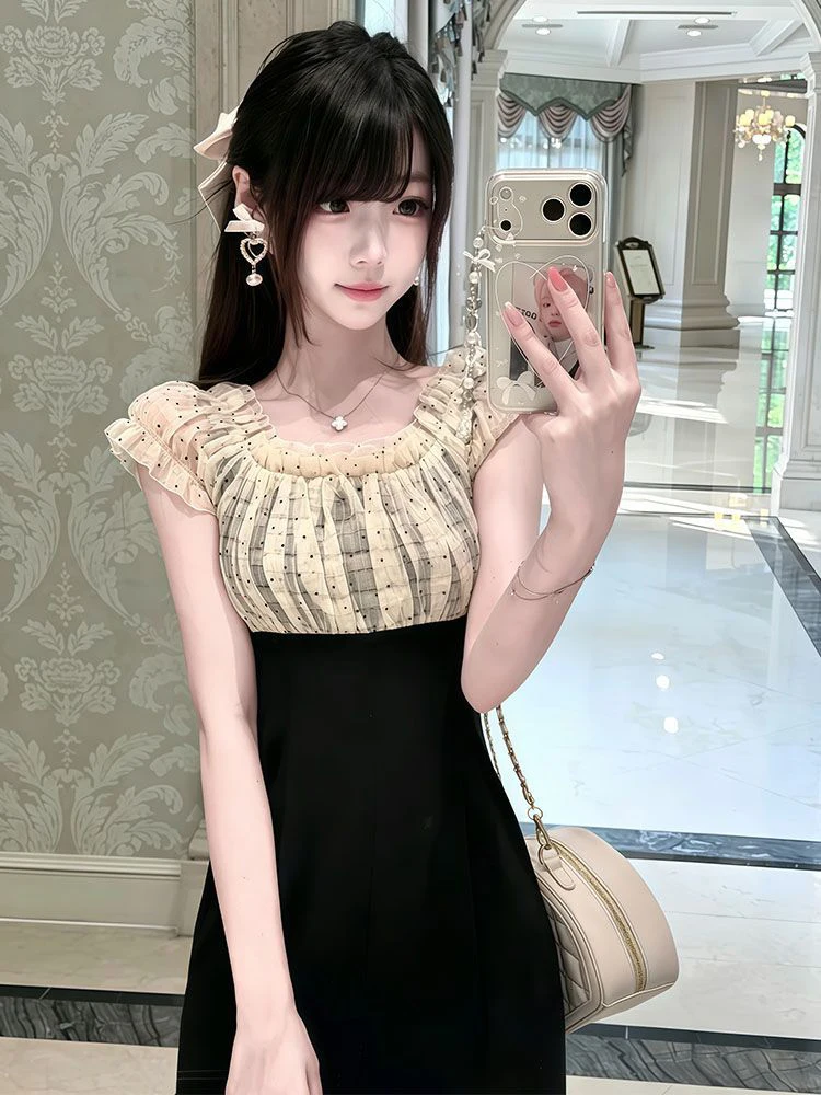 Summer Polka Dot Splice Short Sleeve Women's Dress Slimming Waist A-Line Skirt Style Japanese Style Polyester Fiber Long Dress