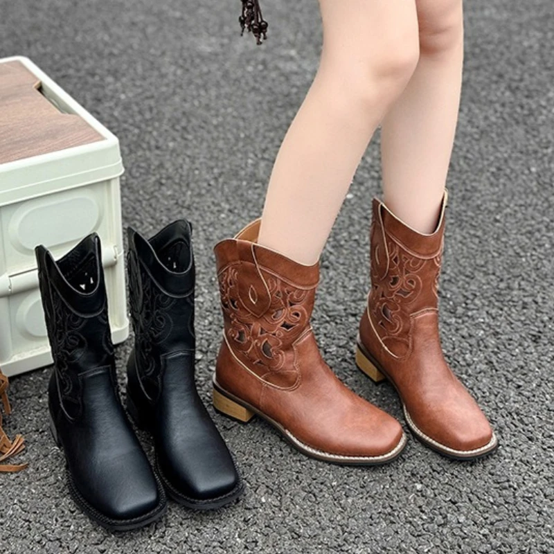 

2025 г., женские осенние высокие сапоги в стиле вестерн с вышивкой, женские кожаные модные рыцарские сапоги высокого качества