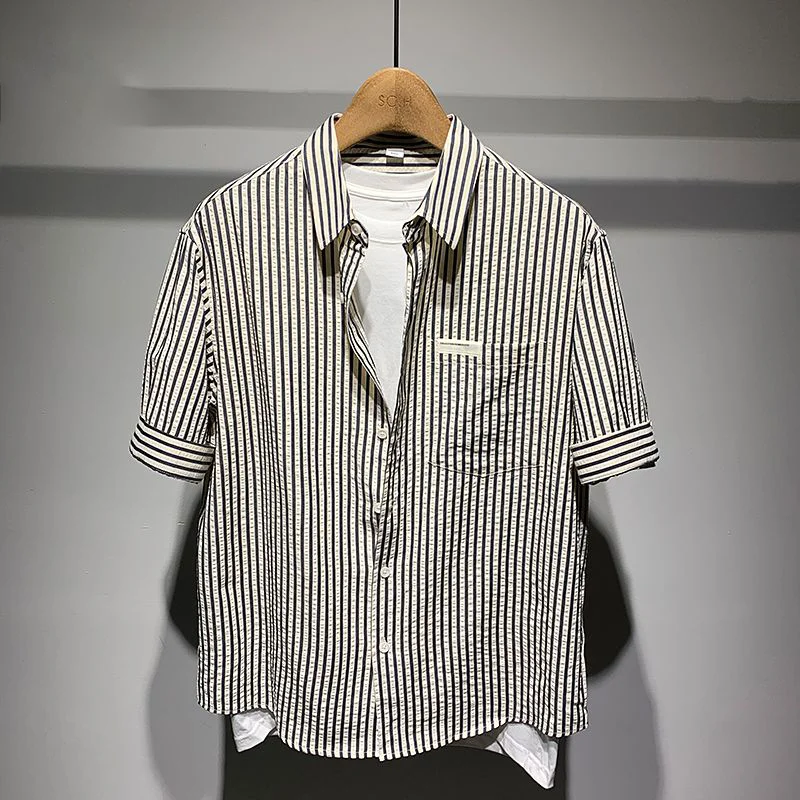 

2024 Summer New Men's Fashion All-match Loose Commuter Square Collar Button Half Sleeve Spliced Pockets Striped Shirt Tops