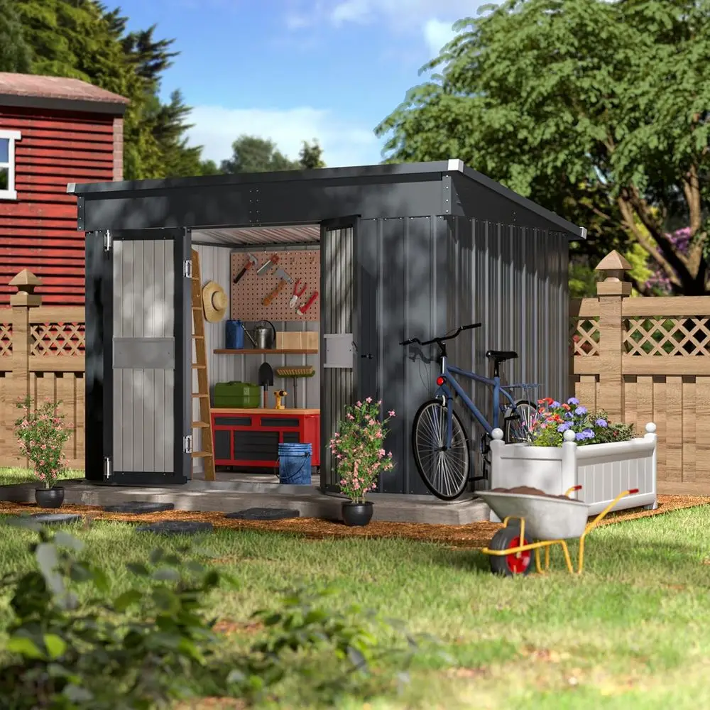 

Gray 10x6 Metal Outdoor Storage Shed, Garden Tool Shed Kit with 2 Doors & Keyed Lock, Waterproof Patio Utility Shed for Backyard