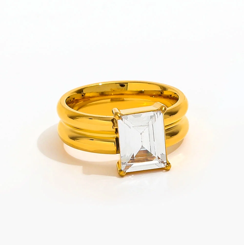 

Joolim Jewelry High End PVD Wholesale No Fade Fashion Double Arc-shaped Rectangle Zirconia Stainless Steel Finger Ring for Women