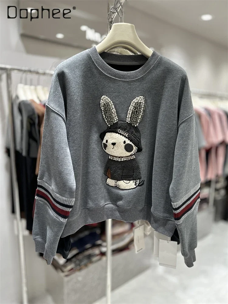 

Heavy Industry Diamond-encrusted Rabbit Round Neck Fleece Sweatshirts Women Autumn Winter Splicing Thread Cuffs Loose Short Tops