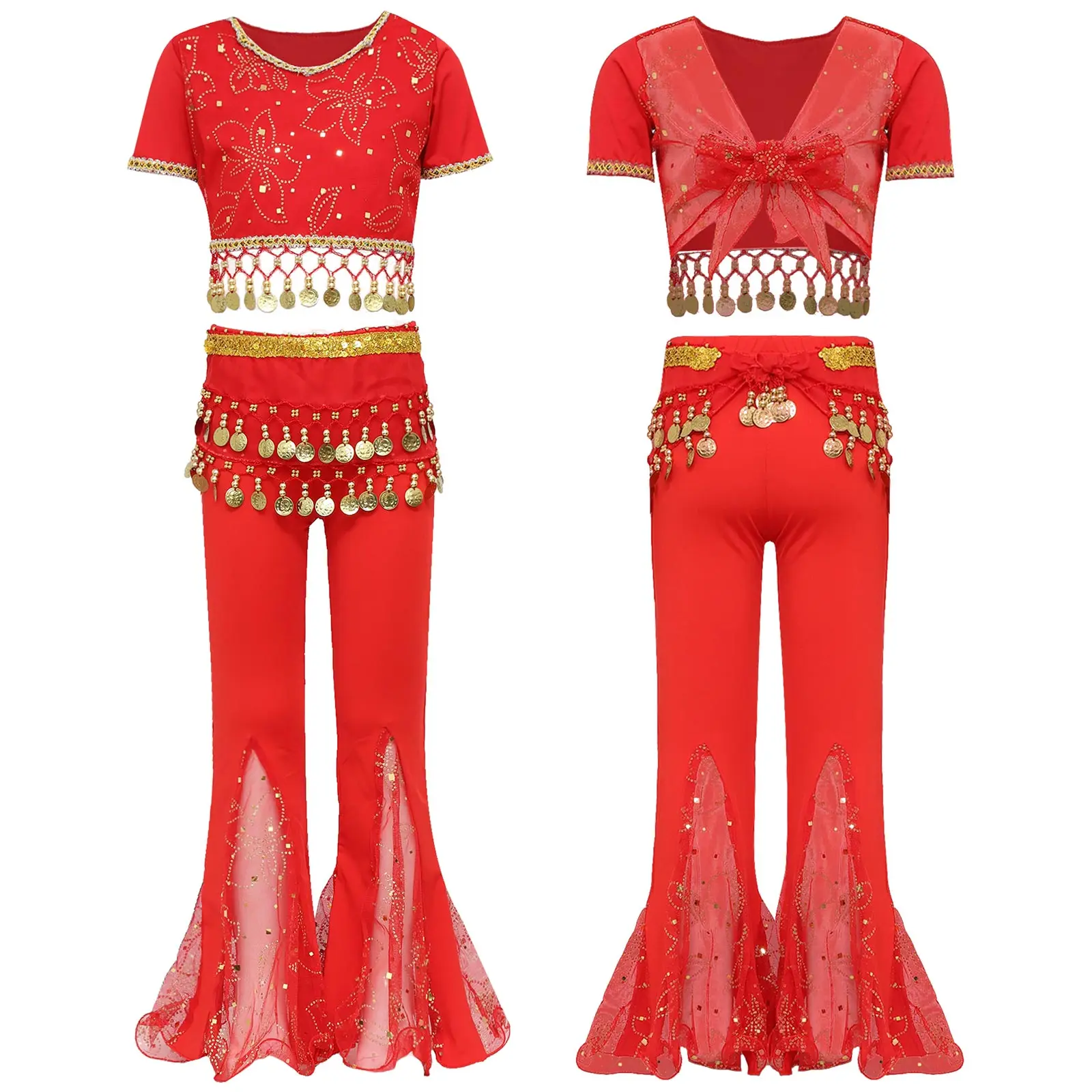 Girls Belly Dance Costume Sequin Indian Dance Outfits Lace-up Crop Top Flared Pants Waist Halloween Cosplay Shows Mardi Gras Set