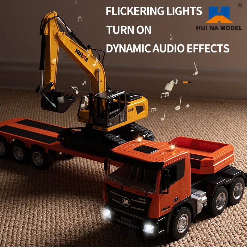 2.4G RTR 1/18 Scale Huina 1319 RC Tractor Truck And Remote Control Excavator Model with Flatbed Trailer Battery Toys Gift