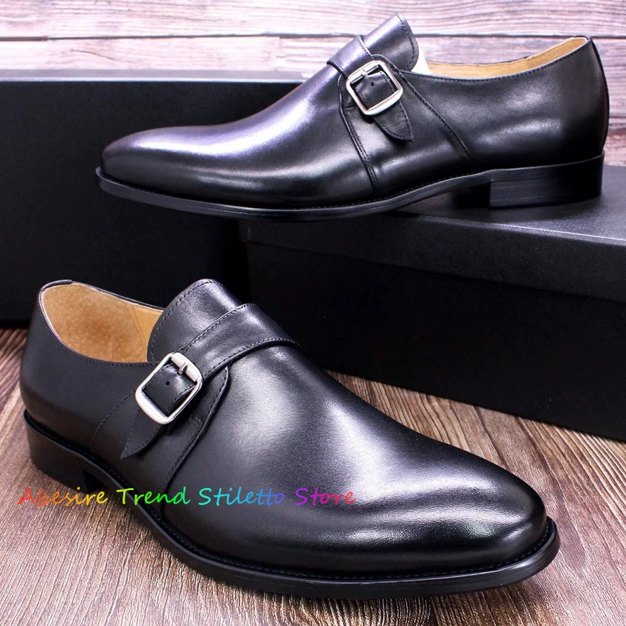 

Men Business Casual Leather Loafers Comfy Slip On Wedding Smart Office Dress Shoes Black Buckle Breathable Commuting Shoes