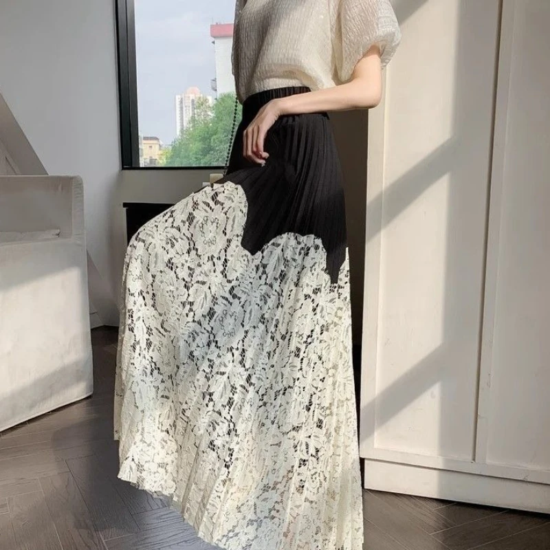 Lace Patchwork Pleated Midi Skirt for Women's Summer New Style, Covering Cross, High Waist, Big Swing A-line Long Skirt