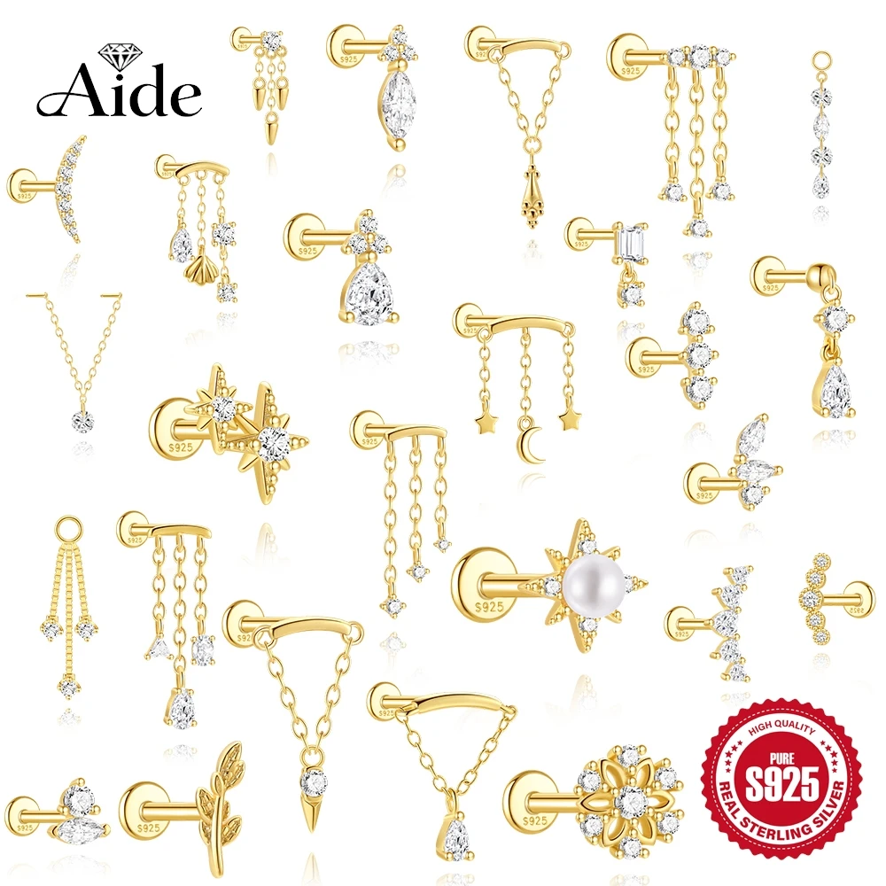 

AIDE 1Pc 925 Sterling Silver Piercing Earrings Water Drop Moon Rivet Geometric Tassel Eeight-Pointed Star Thread Branch Flower