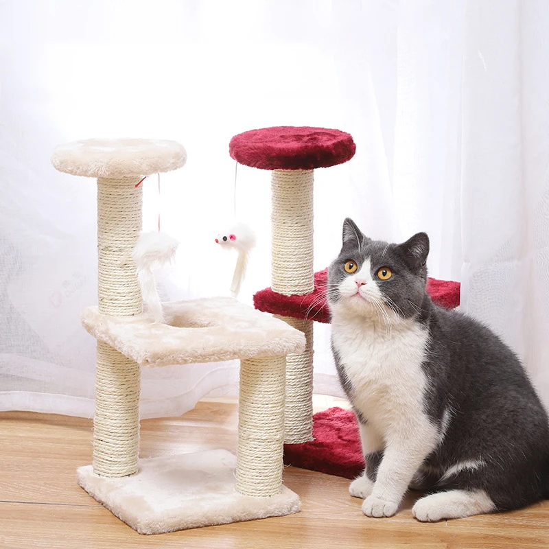 

Three Layer Cat Tree Tower with Plush Mouse Toy Stable Base Wear-resistant Indoor Sisal Cats Scratching Post Pet Furniture