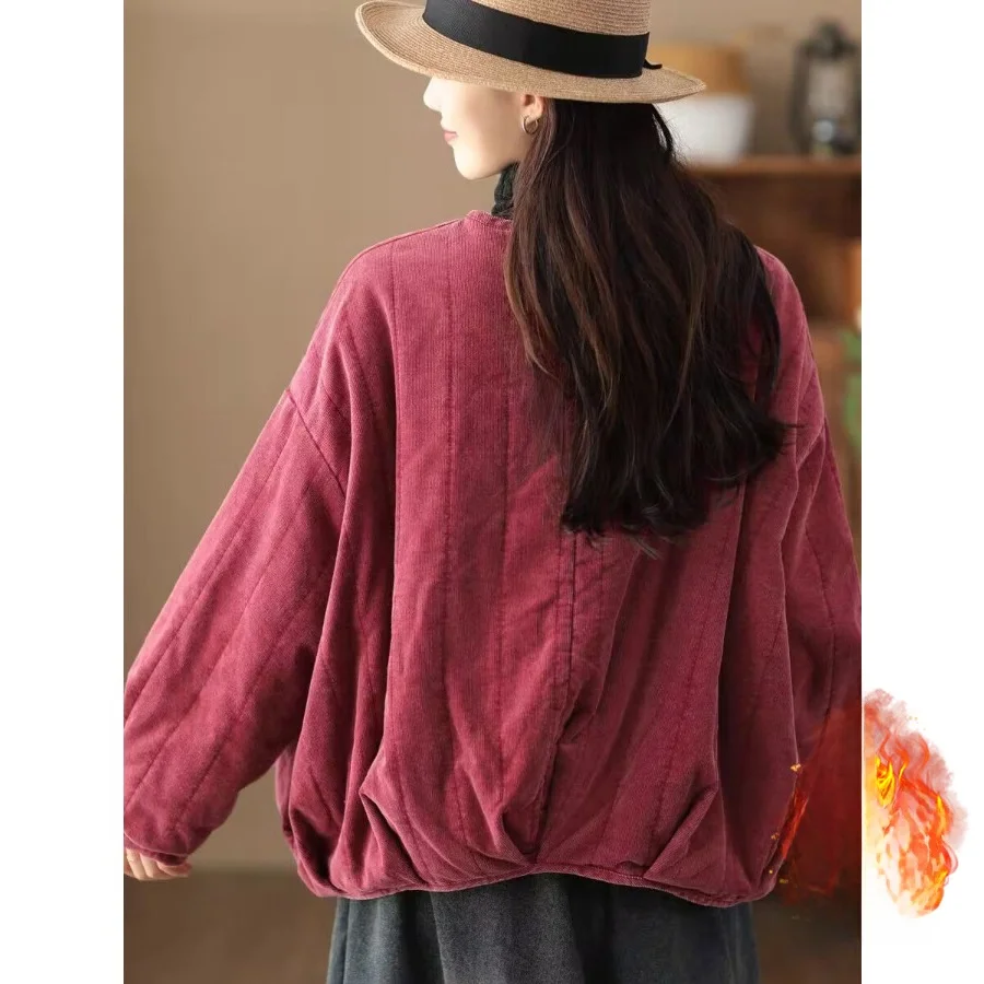 레트로 중국풍 슬루핏 코튼 자켓 버튼 라운드 넥 벨벳 코트 티엔드 대형 사이즈 여성 겨울 코트