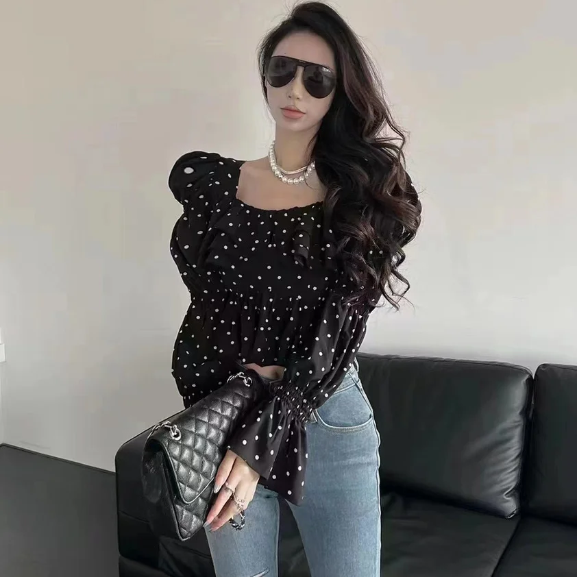 Square Collar Puff Sleeve Polka Dot Shirt Women New Ruffled Temperament Versatile Top