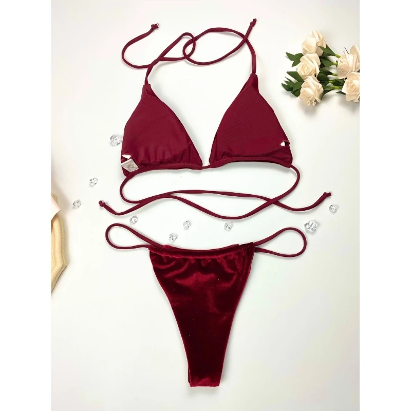 Summer Halter Bikini Set Backless Swimwear Two Pieces Swimsuit Beachwear Fashion Velvet Bathing Suits for Women Female