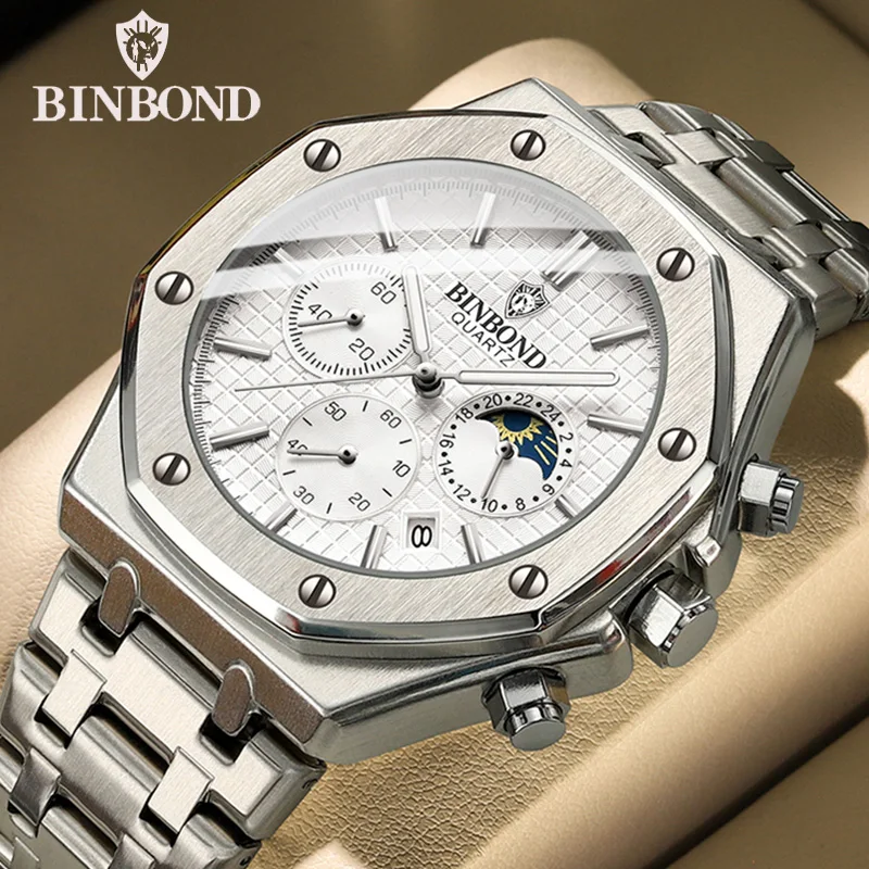 BINBOND Top Brand Man Quartz Watch Luxury Luminous Chronograph Wristwatch Stainless Steel Waterproof Men Date Calendar Clock