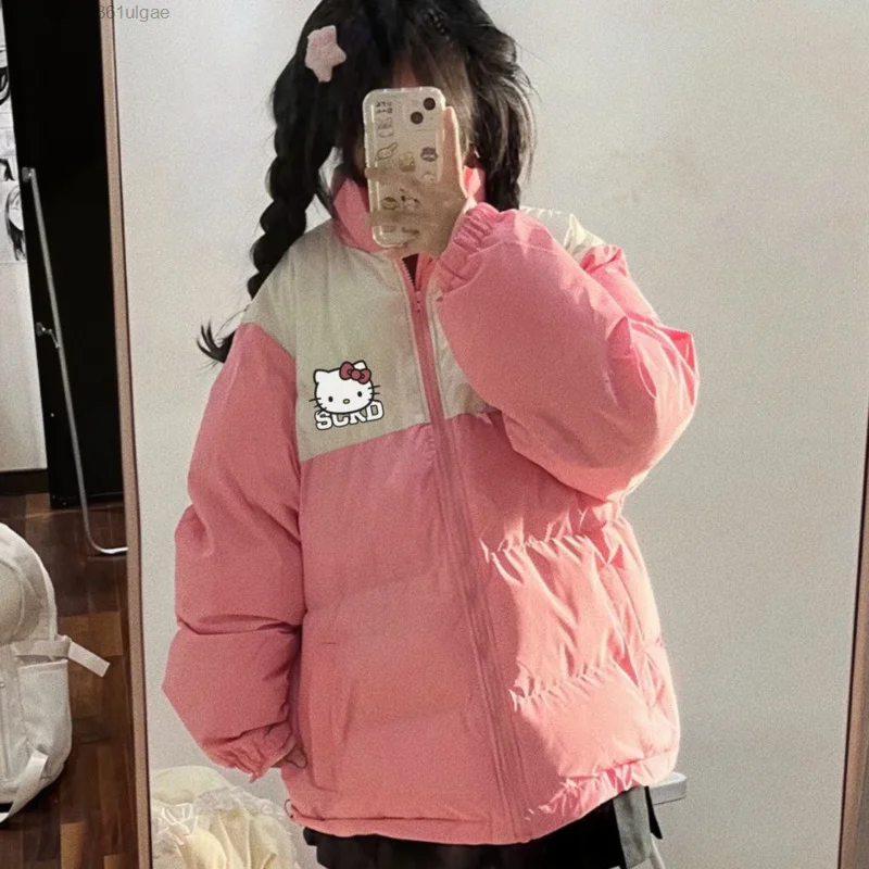 Sanrio Hallo Kitty süße Baumwolle gepolsterte Jacke y2k Herbst Winter ästhetische Kleidung Frauen Cartoon süße warme Mantel rosa Top Strickjacke