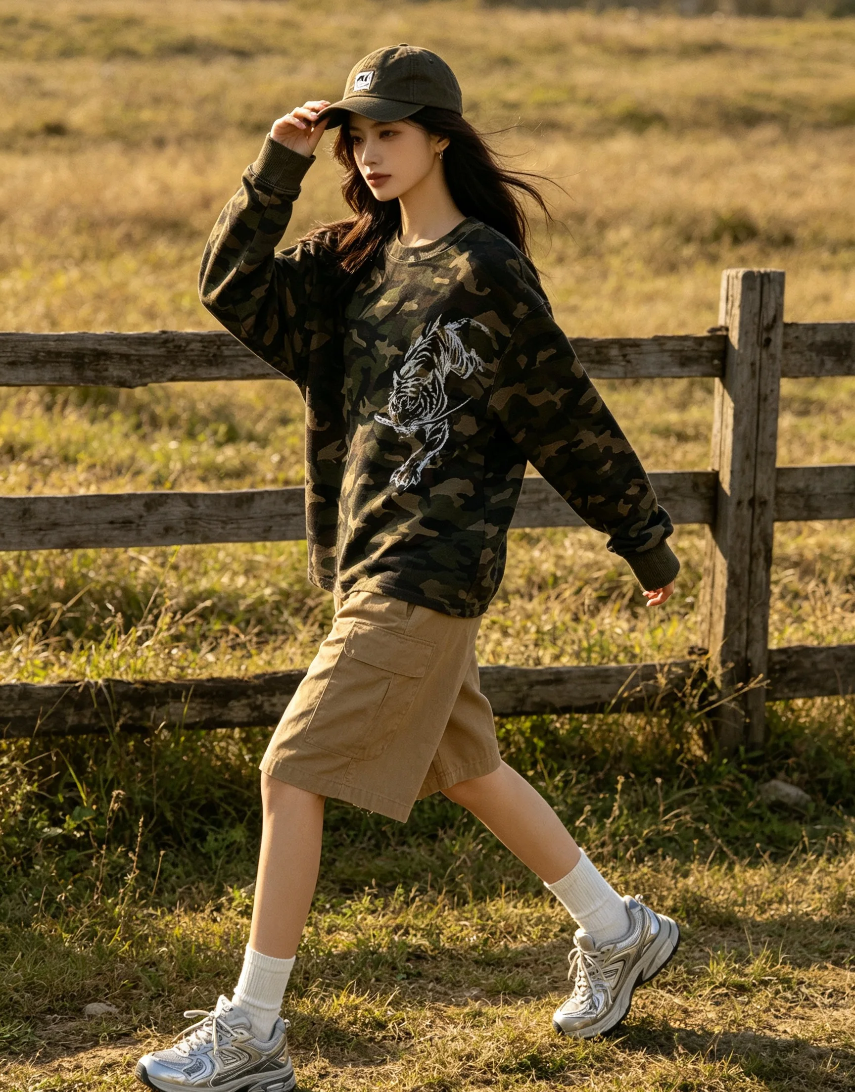 Vintage Camouflage Waffle Knit Long Sleeve T‑Shirt Men Tiger Graphic Print Tees Retro Street Loose Casual Tops Unisex