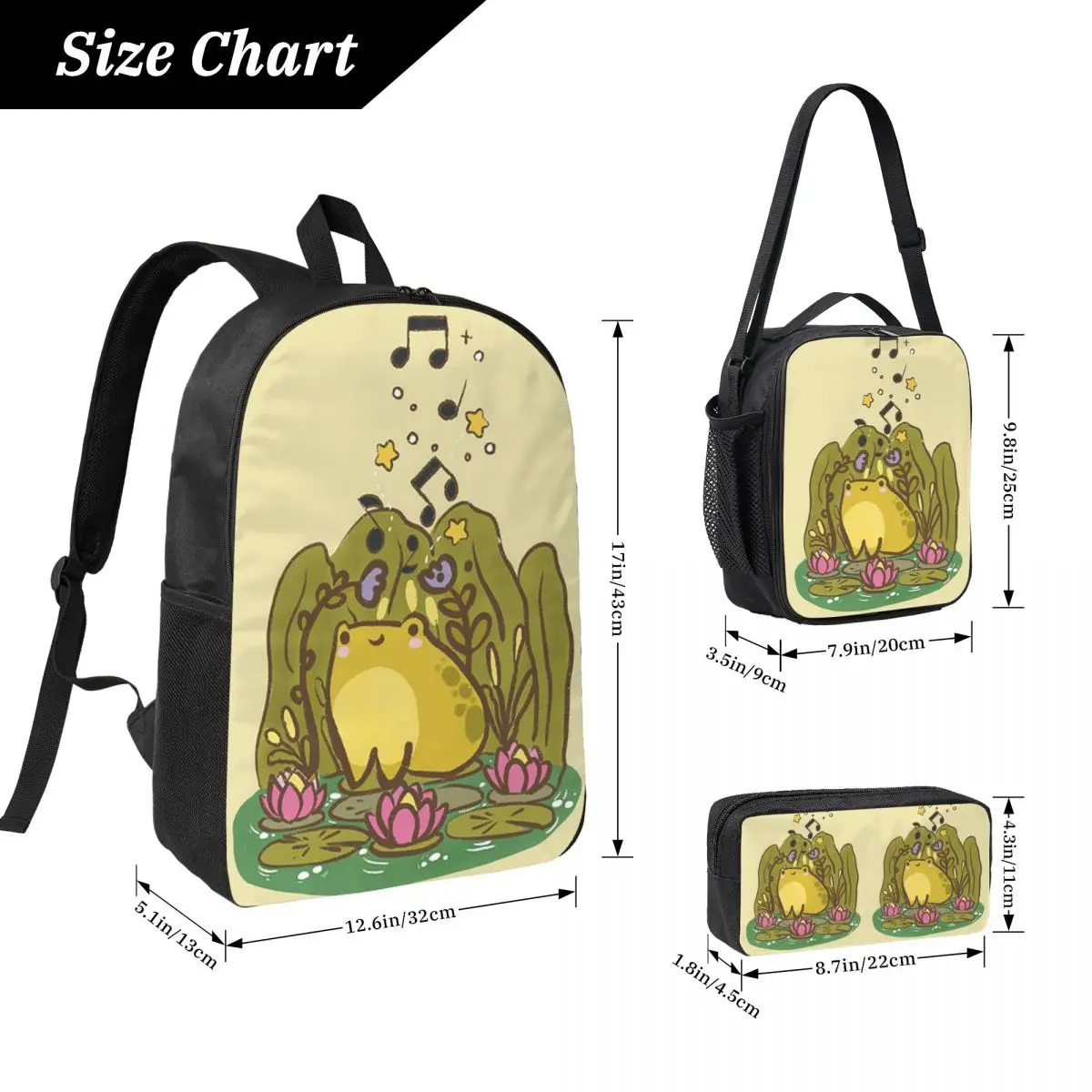 Cartoon Frog Joyful Singing Backpack Boys Girls BookBag School Bag Computer Shoulder Bags 3ps Insulated Lunch Bag Pencil Case