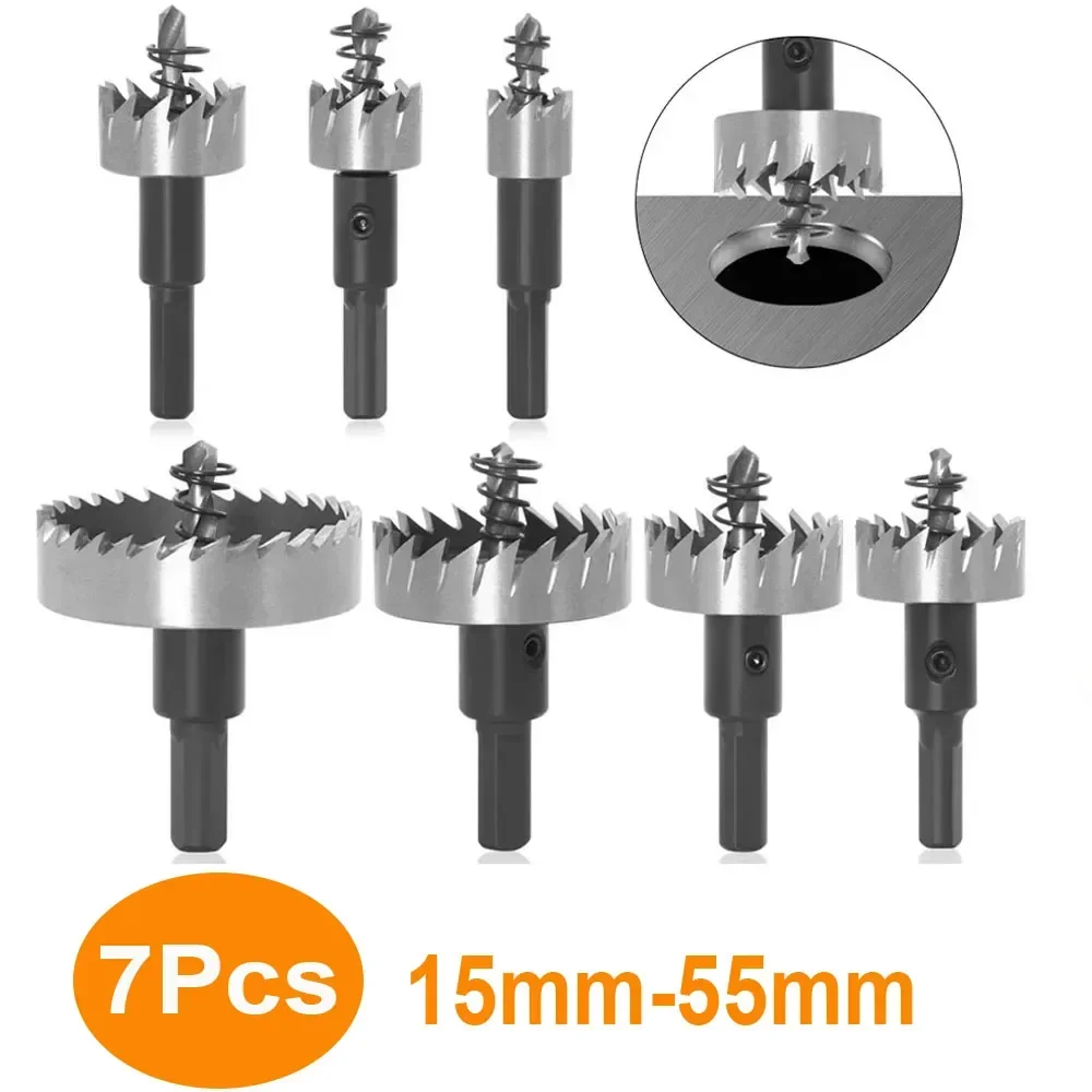 

7 шт. 15-55 мм высокоскоростная стальная кольцевая пила, набор сверл с твердым наконечником, резак по металлу, дереву, инструмент для открывания из нержавеющей стали, железного сплава