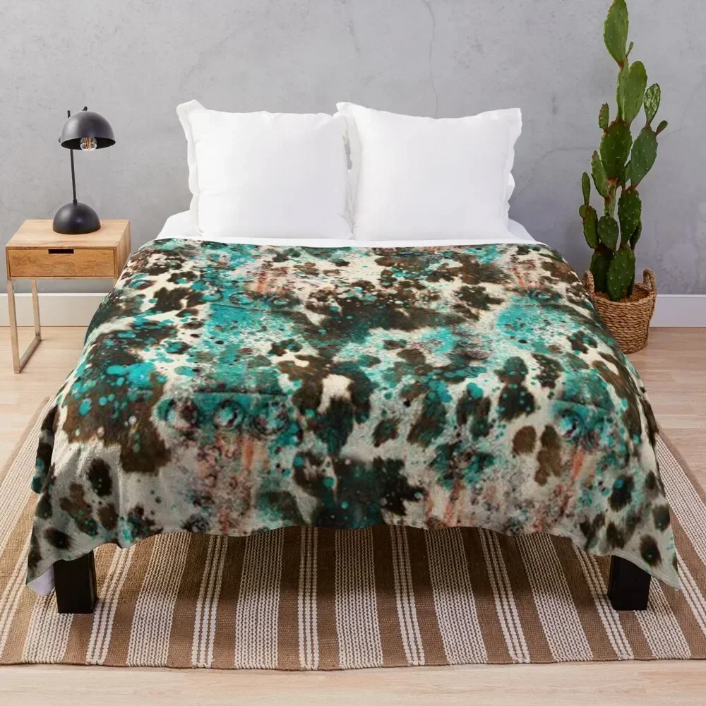 

Western Boho Cowhide Turquoise Pattern Throw Blanket Decorative Sofas cosplay anime wednesday halloween Blankets