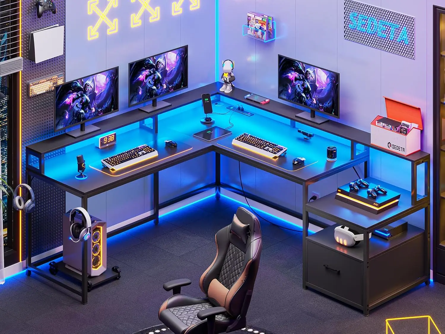 66" Home Office Desk with File Drawer & Power Outlet, Corner Gaming Computer Desk with Led Lights, Monitor Shelf and Printer Sto