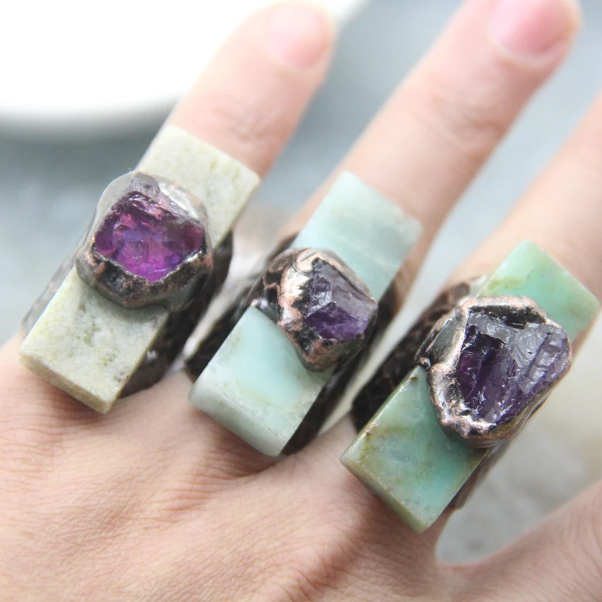 Natural Chrysoprase Rings,Soldered Bronze Rectangle Australian Jades Adjustable Rings Antique Brass Style Boho Vintage Jewelry