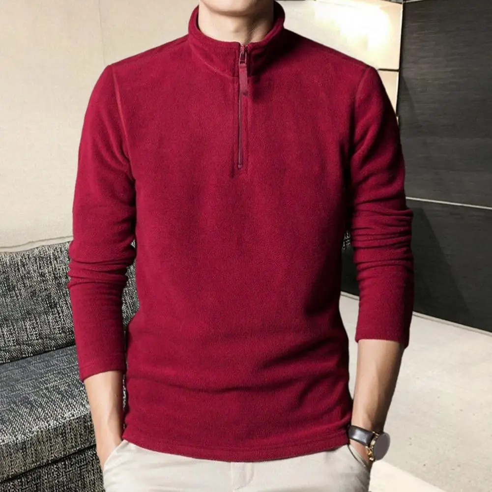 Men Sweatshirt Solid Color Long Sleeve Zipper Stand Collar Pullover Top Thick Polar Fleece Neck Mid Length Men Top