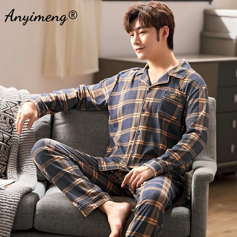 Plus Size 3xl 4xl 5xl 6xl Big Guys Pajamas for Men Large Loungewear Cardigan Plaid Fashion Homewear Fat Man\'s Pijamas Father Pjs