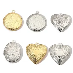 3pcs/lot Stanless Steel Vintage Flower Pattern Heart Round Photo Frame Locket Charms Can Open for DIY Accessories