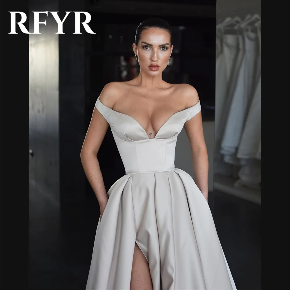 RFYR Elegant Gray Evening Dress Off Shoulder A-line вечернее платье Simple Satin Side Split Prom Dress Sweep Train Party Dress