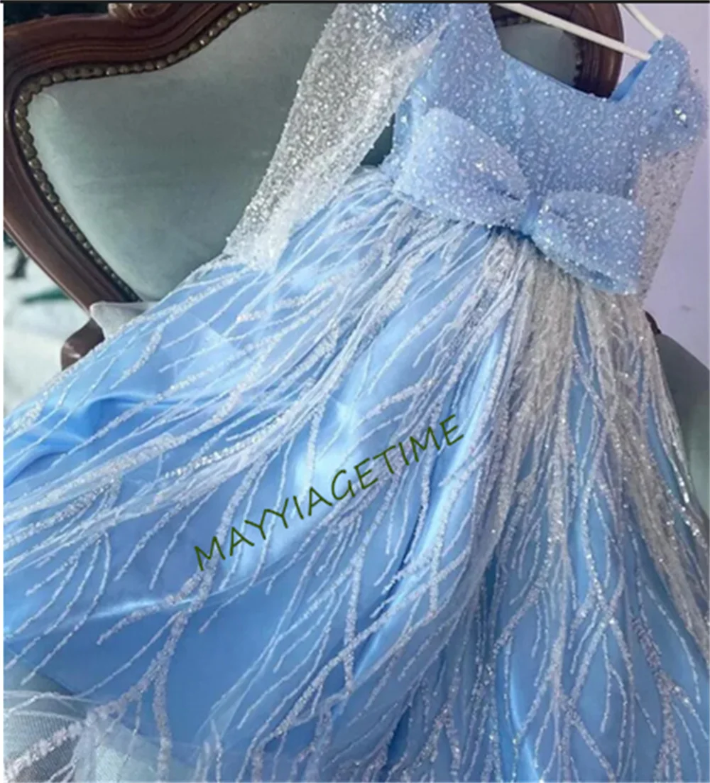 Blue Flower Girl Dress Glitter Tulle Sequined Prom Gown Flower Girl Dress Custom Baby Frock Child Birthday Gown