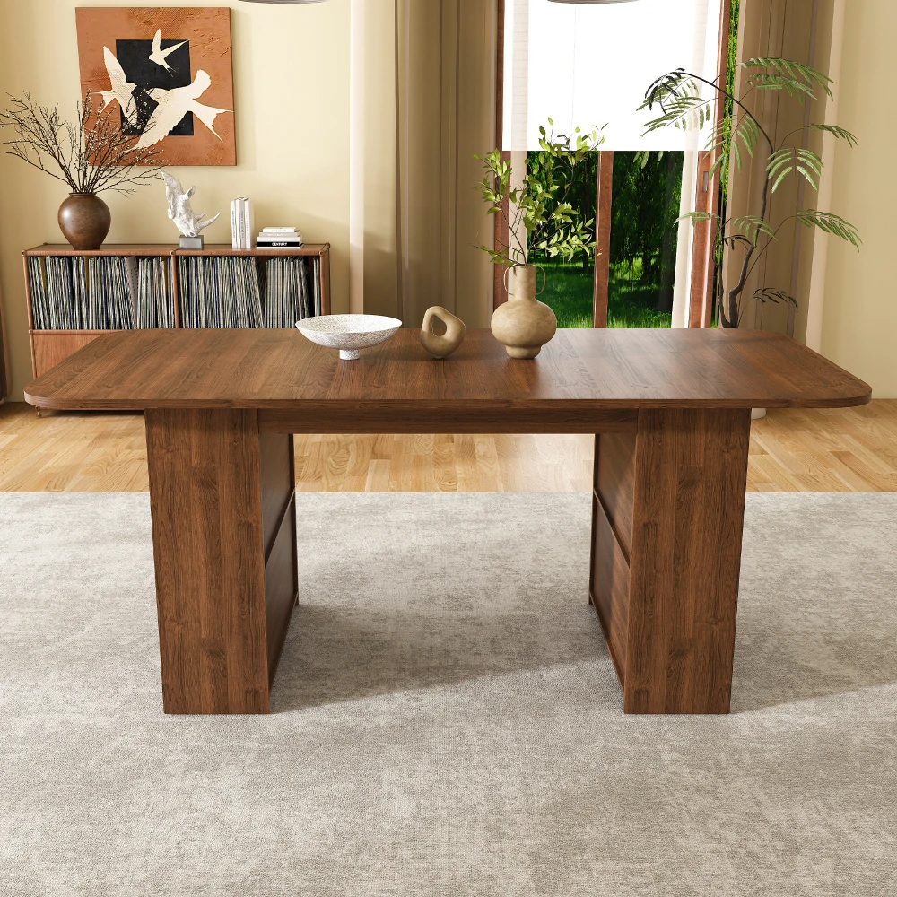 78 Inch Dining Table for 6, Farmhouse Kitchen Table with Storage Base, Rectangular Wood Dining Room Table in Walnut Veneer, Modern Rustic