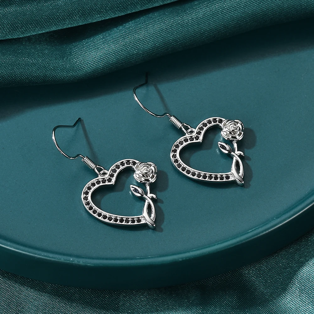 Black Awn Vintage Silver Color Earring Heart Flower  Black Spinel Drop Wedding Earrings for Women Fashion Jewelry Bijoux I154