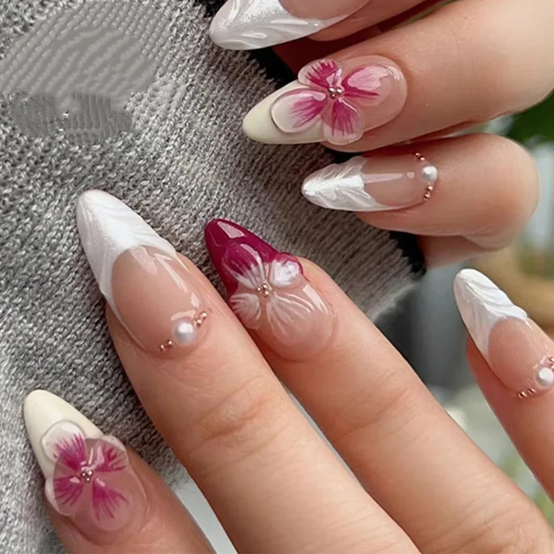 

24Pcs Mid-length French Almond Fake Nail with 3D Flower Pearl Design Press on Nails Simple Wearable Full Cover False Nails Tips