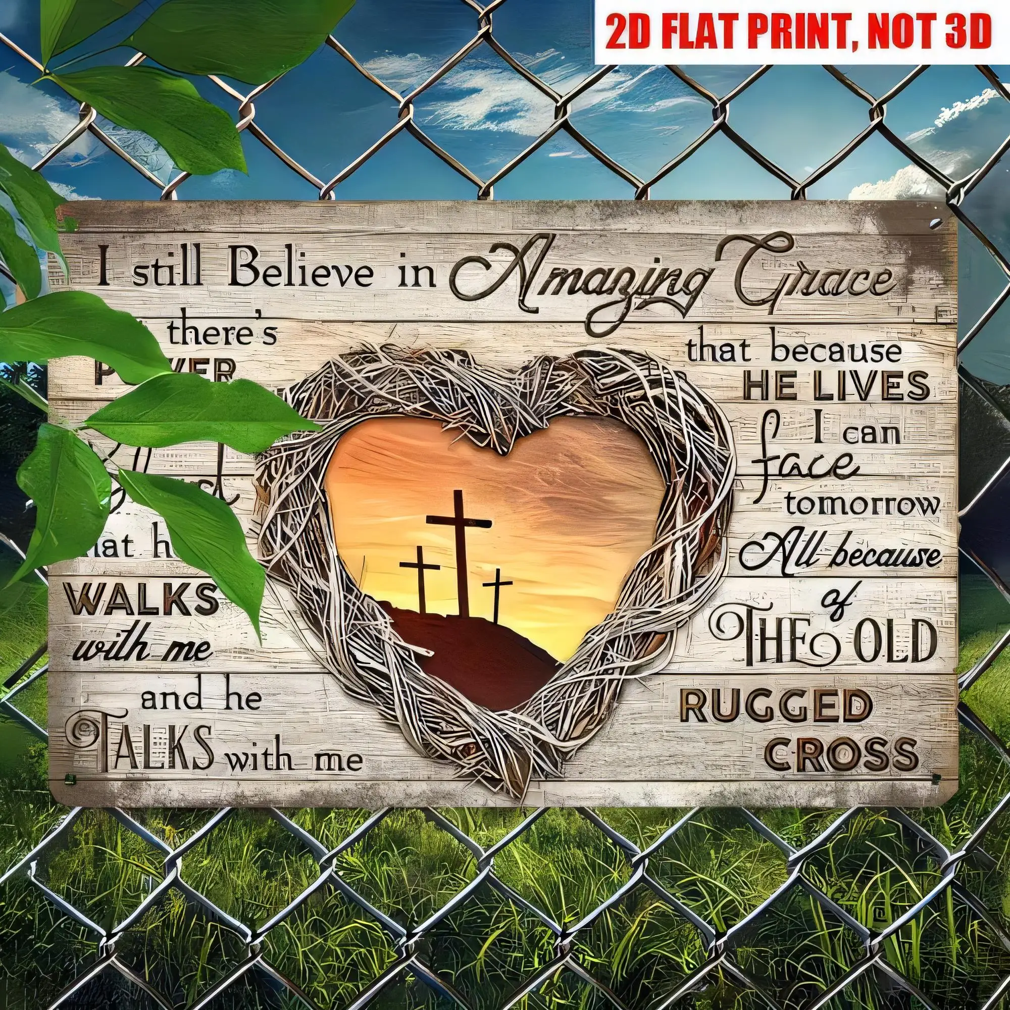 Plaque murale vintage en fer blanc « I Still Believe In Amazing Grace » avec motif cœur et croix, aspect bois rustique, pour église, maison, jardin