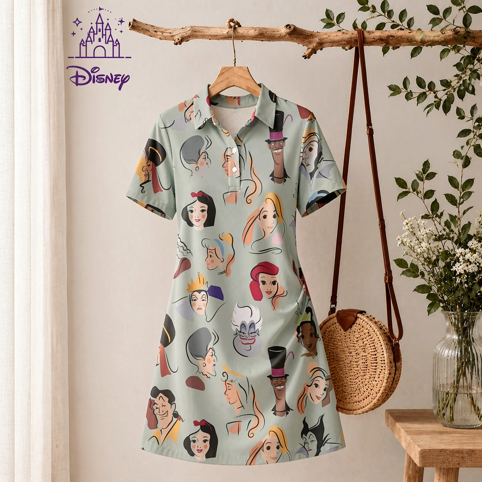 Ropa de calle para mujer, minivestido con cuello tipo polo y estampado de princesas de Disney, ropa de playa de manga corta, vestidos de verano de corte A para mujer