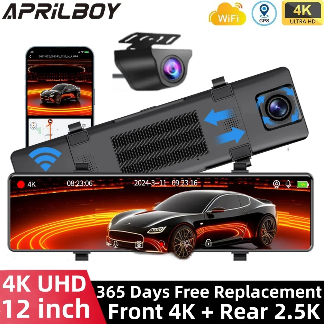 

Aprilboy 12 Inch Dash Cam 4K Car Dvr WIFI Touch Night Vision Car DVR Dash Cam Dash cam Video recorder Camera Rear View Black box