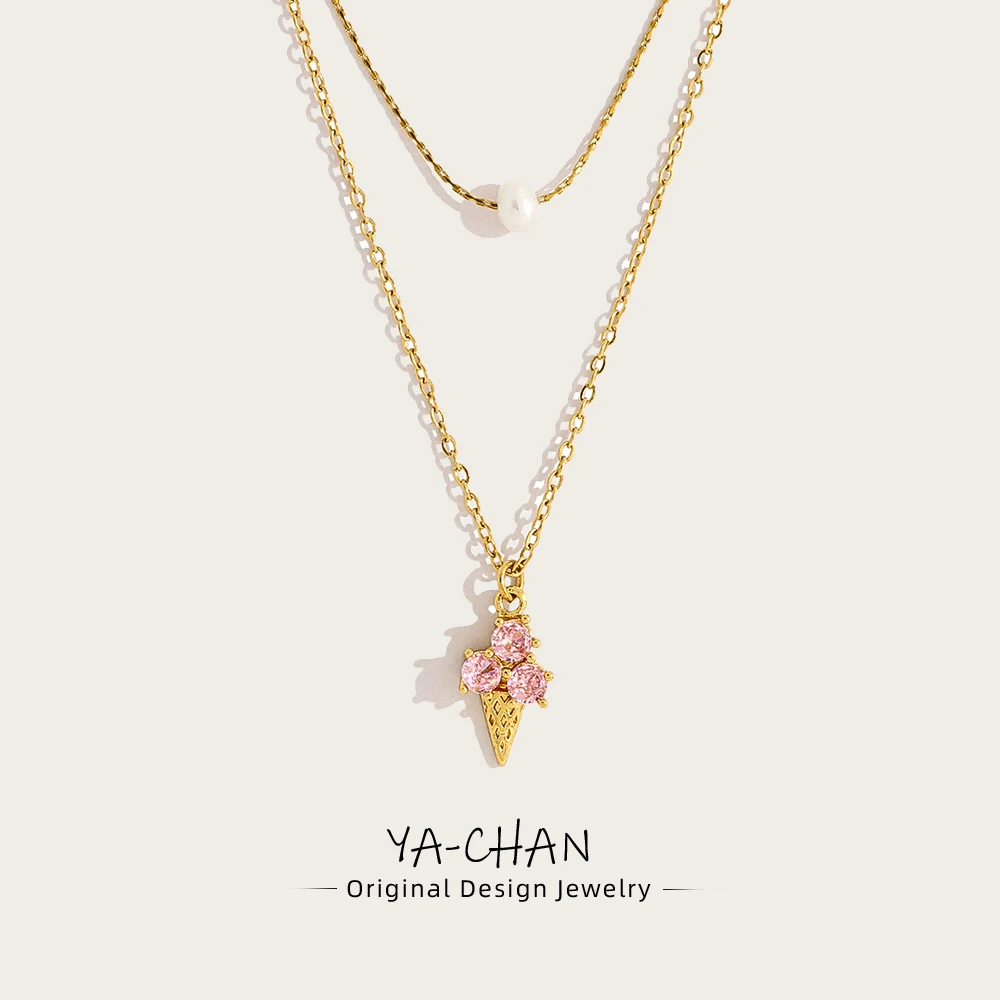 YACHAN Collar Colgante de Helado de Cristal Rosa de Moda para Mujer con Encanto Chic y Lindo, Joyería de Acero Inoxidable Chapado en Oro de 18K